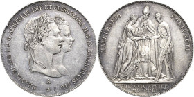 Kaiserreich Österreich
Franz Joseph I. 1848-1916 Gulden 1854, A-Wien Vermählung mit Elisabeth von Bayern - "Sisi" Jaeger 299 Kl. Randfehler, fast vor...
