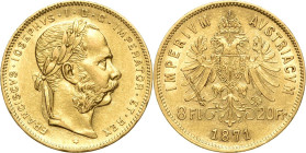 Kaiserreich Österreich
Franz Joseph I. 1848-1916 8 Gulden (20 Franken) 1871, Wien Jaeger 362 Friedberg 502 Schlumberger 588 6.49 g. Fast vorzüglich