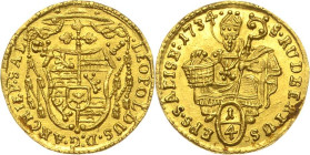 Geistlichkeiten - Salzburg
Leopold Anton Eleutherices von Firmian 1727-1744 1/4 Dukat 1734. Zöttl 2563 Probst 2130 Friedberg 851 GOLD. 0.88 g. Pracht...