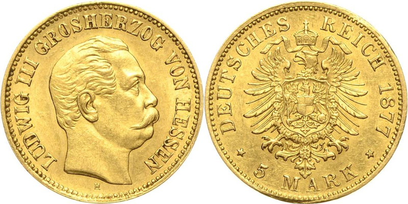 Hessen
Ludwig III. 1848-1877 5 Mark 1877 H Jaeger 215 Vorzüglich/Vorzüglich-Ste...