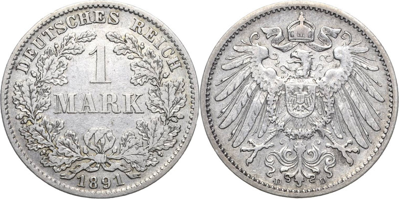 Kleinmünzen
 1 Mark 1891 D Jaeger 17 Sehr selten. Sehr schön