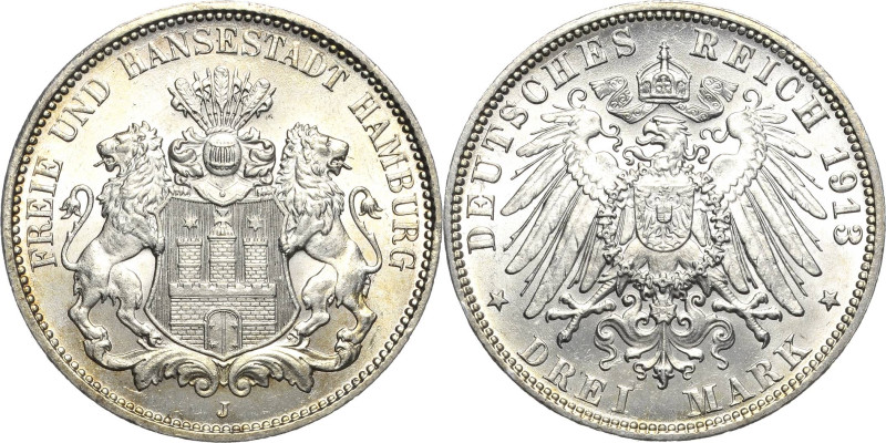 Hamburg
 3 Mark 1913 J Jaeger 64 Prachtvolles Exemplar. Stempelglanz
