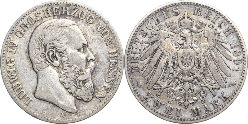Hessen
Ludwig IV. 1877-1892 2 Mark 1891 A Jaeger 70 Selten. Fast sehr schön