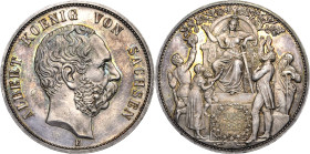 Sachsen
Albert 1873-1902 Sibermedaille in 5-Mark-Größe 1889 E 800 Jahre Haus Wettin. Silber Jaeger 123 Sehr selten. Von poliertem Stempel. Kl. Randfe...