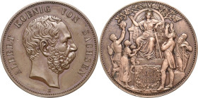 Sachsen
Albert 1873-1902 Bronzemedaille in 5-Mark-Größe 1889 E 800 Jahre Haus Wettin. Kupfer Jaeger 123 a Kl. Kratzer, vorzüglich