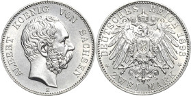 Sachsen
Albert 1873-1902 2 Mark 1893 E Jaeger 124 Revers kl. Kratzer, fast vorzüglich/vorzüglich-prägefrisch