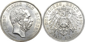 Sachsen
Albert 1873-1902 5 Mark 1902 E Auf seinen Tod Jaeger 128 Kl. Randfehler, fast Stempelglanz