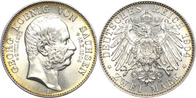 Sachsen
Georg 1902-1904 2 Mark 1904 E Auf seinen Tod Jaeger 132 Prachtexemplar mit feiner Patina. Stempelglanz