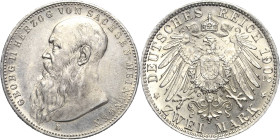 Sachsen-Meiningen
Georg II. 1866-1914 2 Mark 1902 D Kurzer Bart Jaeger 151 b Av. Kratzer, vorzüglich-Stempelglanz