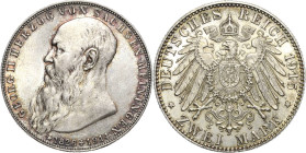 Sachsen-Meiningen
Georg II. 1866-1914 2 Mark 1915 (D) Auf seinen Tod Jaeger 154 Prachtvolles Exemplar mit feiner Patina. Fast Stempelglanz