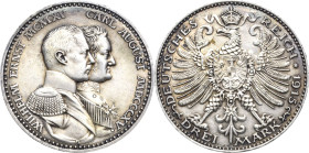 Sachsen-Weimar-Eisenach
Wilhelm Ernst 1901-1918 3 Mark 1915 A Jahrhundertfeier Jaeger 163 Kl. Randfehler, fast vorzüglich/vorzüglich