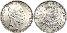 Schwarzburg-Sondershausen
Karl Günther 1880-1909 3 Mark 1909 A Auf seinen Tod Jaeger 170 Av. Kl. Kratzer, fast Stempelglanz/Stempelglanz