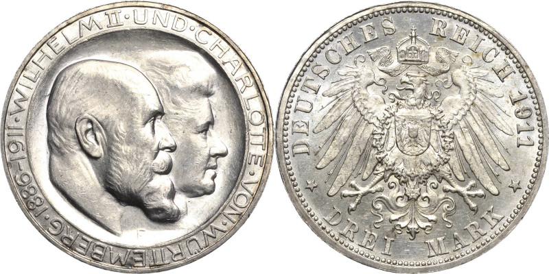 Württemberg
Wilhelm II. 1891-1918 3 Mark 1911 F Silberhochzeit - Hoher Querstri...