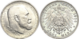 Württemberg
Wilhelm II. 1891-1918 3 Mark 1916 F 25-jähriges Regierungsjubiläum Jaeger 178 Selten. Kl. Randfehler, Av. Mattiert, Stempelglanz/ Poliert...