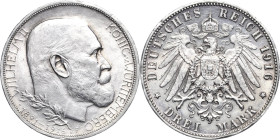Württemberg
Wilhelm II. 1891-1918 3 Mark 1916 F 25-jähriges Regierungsjubiläum Jaeger 178 Sehr selten. Kl. Kratzer, Avers mattiert , vorzüglich / Pol...