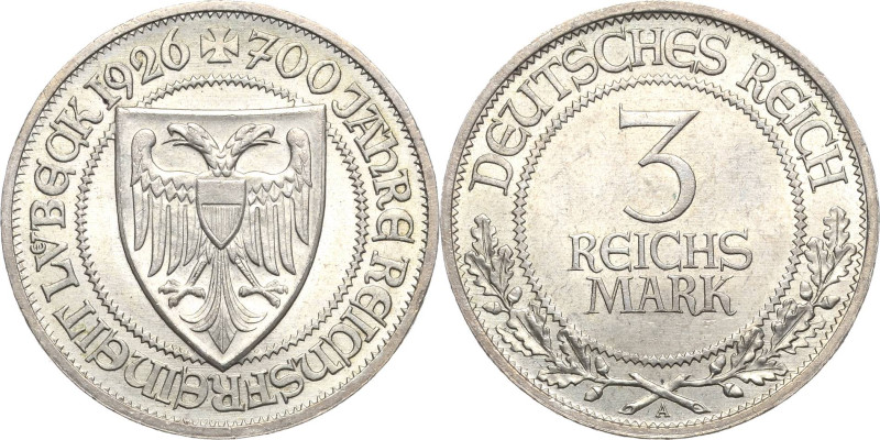 3 Reichsmark 1926 A Lübeck Jaeger 323 Vorzüglich-Stempelglanz