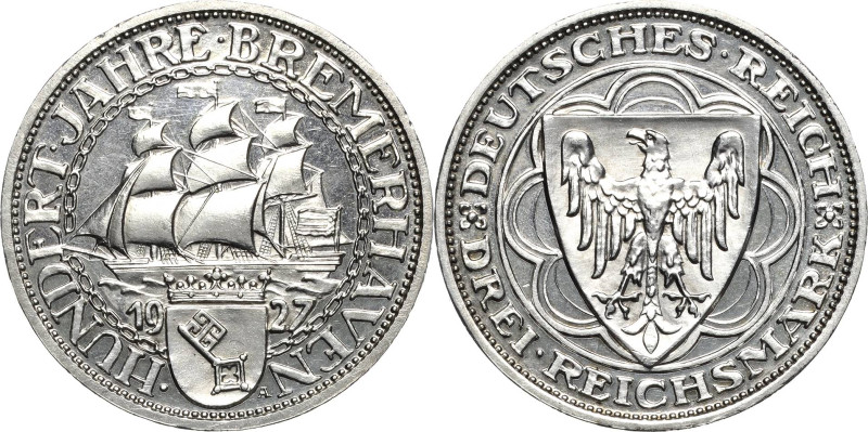 3 Reichsmark 1927 A Bremerhaven Jaeger 325 Winz. Randfehler, leicht berieben, Po...