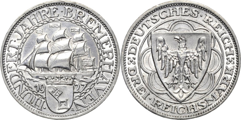 3 Reichsmark 1927 A Bremerhaven Jaeger 325 Fast vorzüglich/vorzüglich