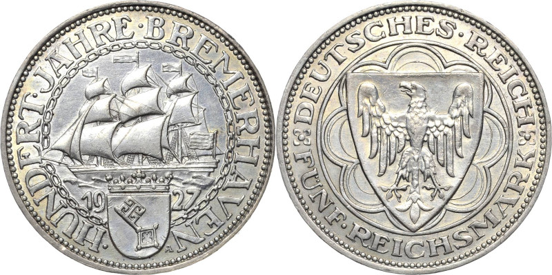 5 Reichsmark 1927 A Bremerhaven Jaeger 326 Fast Vorzüglich