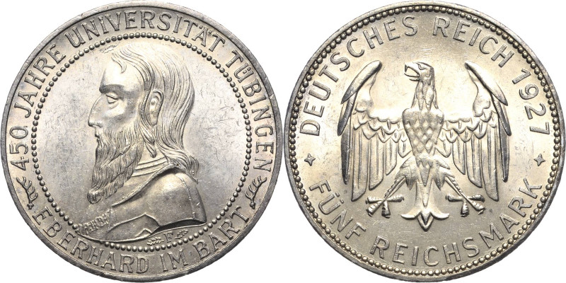 5 Reichsmark 1927 F Tübingen Jaeger 329 Kl. Kratzer, fast vorzüglich/vorzüglich-...