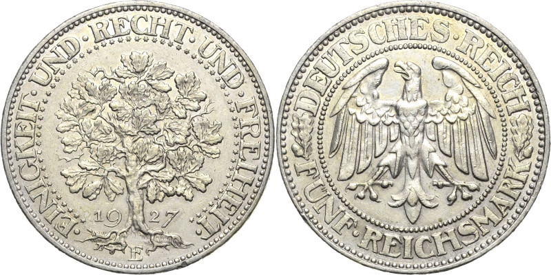 5 Reichsmark 1927 E Eichbaum Jaeger 331 Revers Kratzer, fast vorzüglich