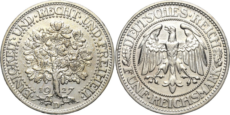 5 Reichsmark 1927 D Eichbaum Jaeger 331 Fast vorzüglich