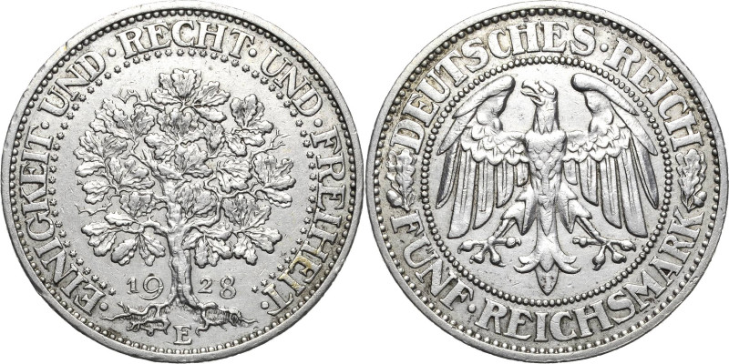 5 Reichsmark 1928 E Eichbaum Jaeger 331 Kl. Randfehler, sehr schön-vorzüglich