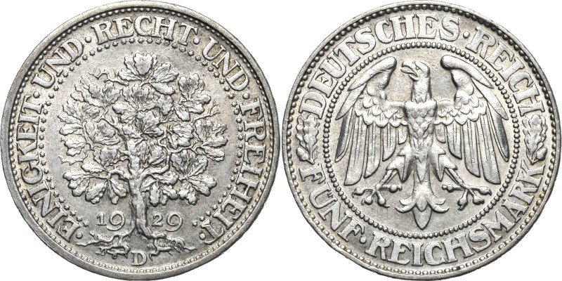 5 Reichsmark 1929 D Eichbaum Jaeger 331 Randfehler, sehr schön-vorzüglich