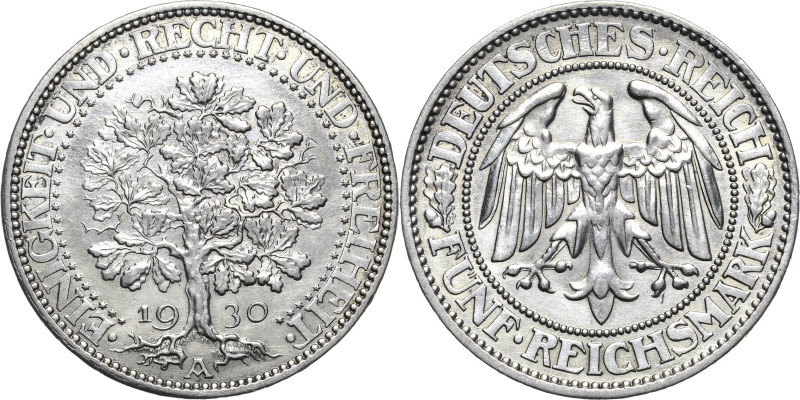 5 Reichsmark 1930 A Eichbaum Jaeger 331 Leicht berieben, sehr schön-vorzüglich