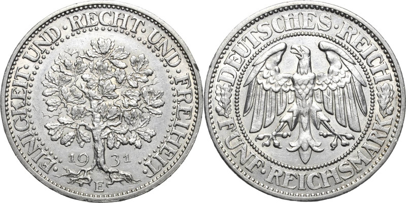 5 Reichsmark 1931 E Eichbaum Jaeger 331 Kl. Randfehler, fast vorzüglich