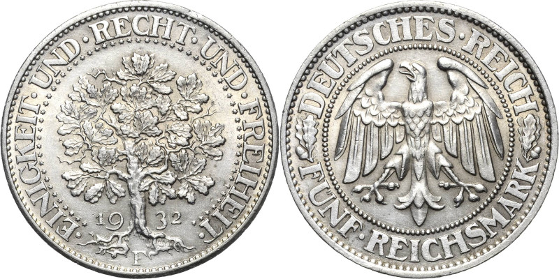 5 Reichsmark 1932 F Eichbaum Jaeger 331 Kl. Randfehler, vorzüglich-Stempelglanz