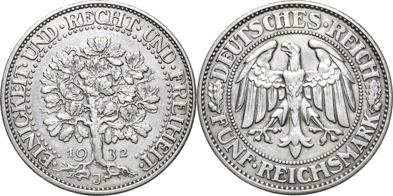 5 Reichsmark 1932 J Eichbaum Jaeger 331 Leicht bearbeitet, sehr schön-vorzüglich...