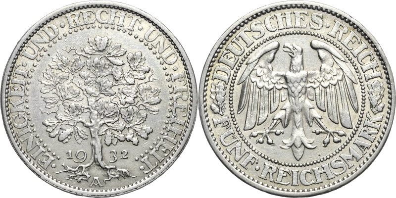 5 Reichsmark 1932 A Eichbaum Jaeger 331 Rand leicht bearbeitet, sehr schön-vorzü...