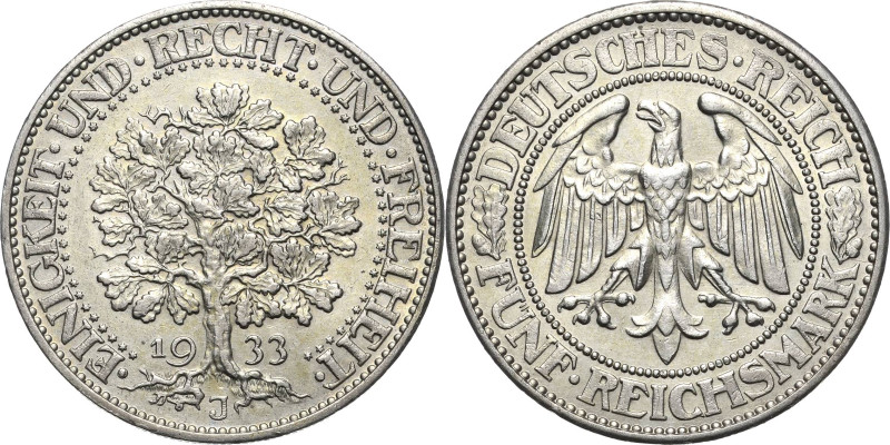 5 Reichsmark 1933 J Eichbaum Jaeger 331 Sehr seltener Jahrgang. Vorzüglich