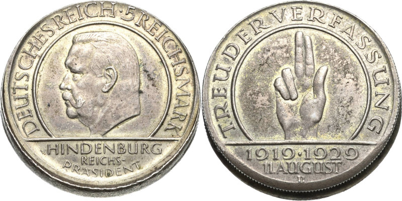 5 Reichsmark 1929 D Verfassung. Verprägung: Vorder- und Rückseite 3% dezentriert...