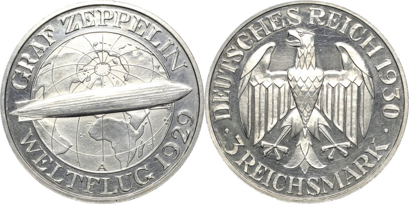 3 Reichsmark 1930 A Zeppelin Jaeger 342 Leicht berieben, Polierte Platte-