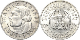 5 Reichsmark 1933 A Luther Jaeger 353 Fast prägefrisch