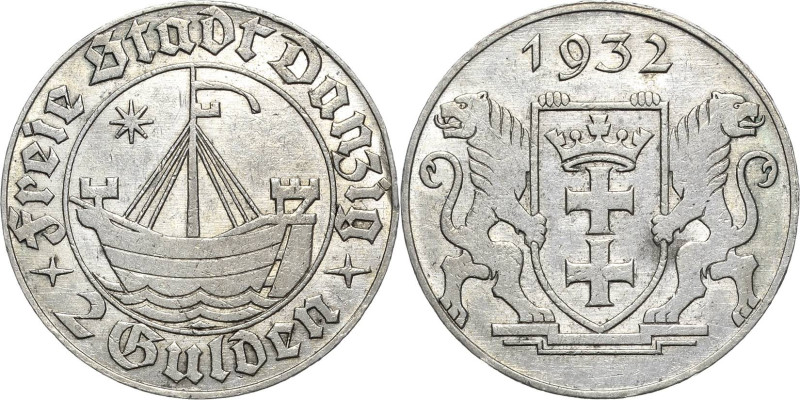 Ausgaben des Freistaates
 2 Gulden 1932. Kogge Jaeger D 16 Randfehler, sehr sch...