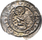 Halberstadt - Bischöfliche Prägungen
Ulrich I., Graf von Reinstein 1149-1160 Brakteat. Kniender Hl. Stephan nach rechts, vor ihm die Hand Gottes über...
