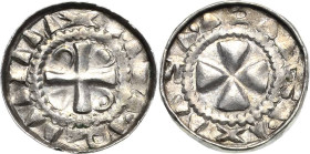 Naumburg, Bistum
Anonym Hochrandpfennig um 1065/1100. Kreuz, in den Winkeln Kugeln und Ringeln, außen Keiltrugschrift / Keilkreuz im Strichelkreis, a...