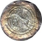 Nordhausen - Reichsmünzstätte
Friedrich I. oder Heinrich VI. 1190-1200 Brakteat. Zwischen 2 länglichen Kuppeltürmen thronendes Kaiserpaar. Die linke ...