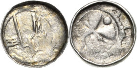 Sachsen, Sachsenpfennige 950 bis 1125
 Hochrandpfennig um 1084/1106, Halle Hand mit Fahnenlanze / Keilkreuz mit kreuzendem Krummstab Kilger 5.1.6/Sal...