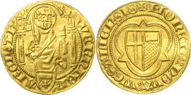 Trier, Erzbistum
Werner von Falkenstein 1388-1418 Goldgulden o.J. Oberwesel Hüftbild des Hl. Petrus über dem mit einem Kreuz belegten Wappen von Minz...