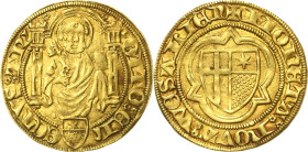 Trier, Erzbistum
Otto von Ziegenhain 1418-1430 Goldgulden o.J. Oberwesel Hüftbild des Hl. Petrus über dem mit einem Kreuz belegten Wappen von Minzenb...