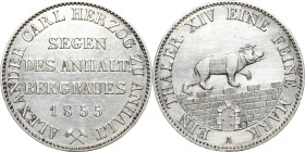 Anhalt-Bernburg
Alexander Carl 1834-1863 Taler 1855, A-Berlin Ausbeute AKS 16 Jaeger 66 Kahnt 4 Davenport 504 Müseler 1.2/13 Kl. Kratzer, vorzüglich+...