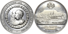 Annaberg
 Silbermedaille 1896 (Mayer & Wilhelm) 400-jähriges Stadtjubiläum. Die Brustbilder Georg des Bärtigen und König Alberts nach links / Stadtan...