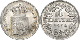 Bayern
Maximilian II. Joseph 1848-1864 6 Kreuzer 1854, München AKS 153 Jaeger 60 Prachtvolles Exemplar. Revers winz. Flecke, Stempelglanz