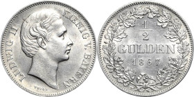 Bayern
Ludwig II. 1864-1886 1/2 Gulden 1867, München AKS 180 Jaeger 102 Prachtexemplar. Fast Stempelglanz