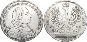 Brandenburg-Ansbach
Karl Wilhelm Friedrich 1729-1757 Taler 1754, KE-Schwabach Seltene Porträtvariante. Mit Signatur ISG im Armabschnitt Slg. Wilmersd...