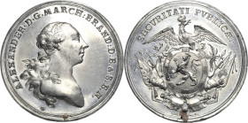 Brandenburg-Ansbach
Alexander 1757-1791 Zinnmedaille mit Kupferstift o.J. (1765) (Götzinger) Kreisobristenwürde. Brustbild nach rechts / Adler auf Lö...